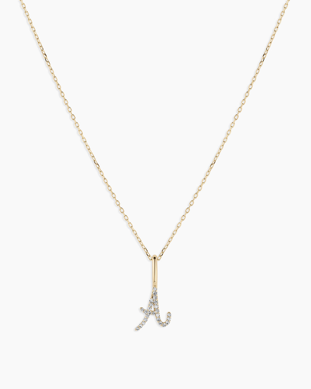 Diamond Script Alphabet Charm Necklace || option::14k Solid Gold, A