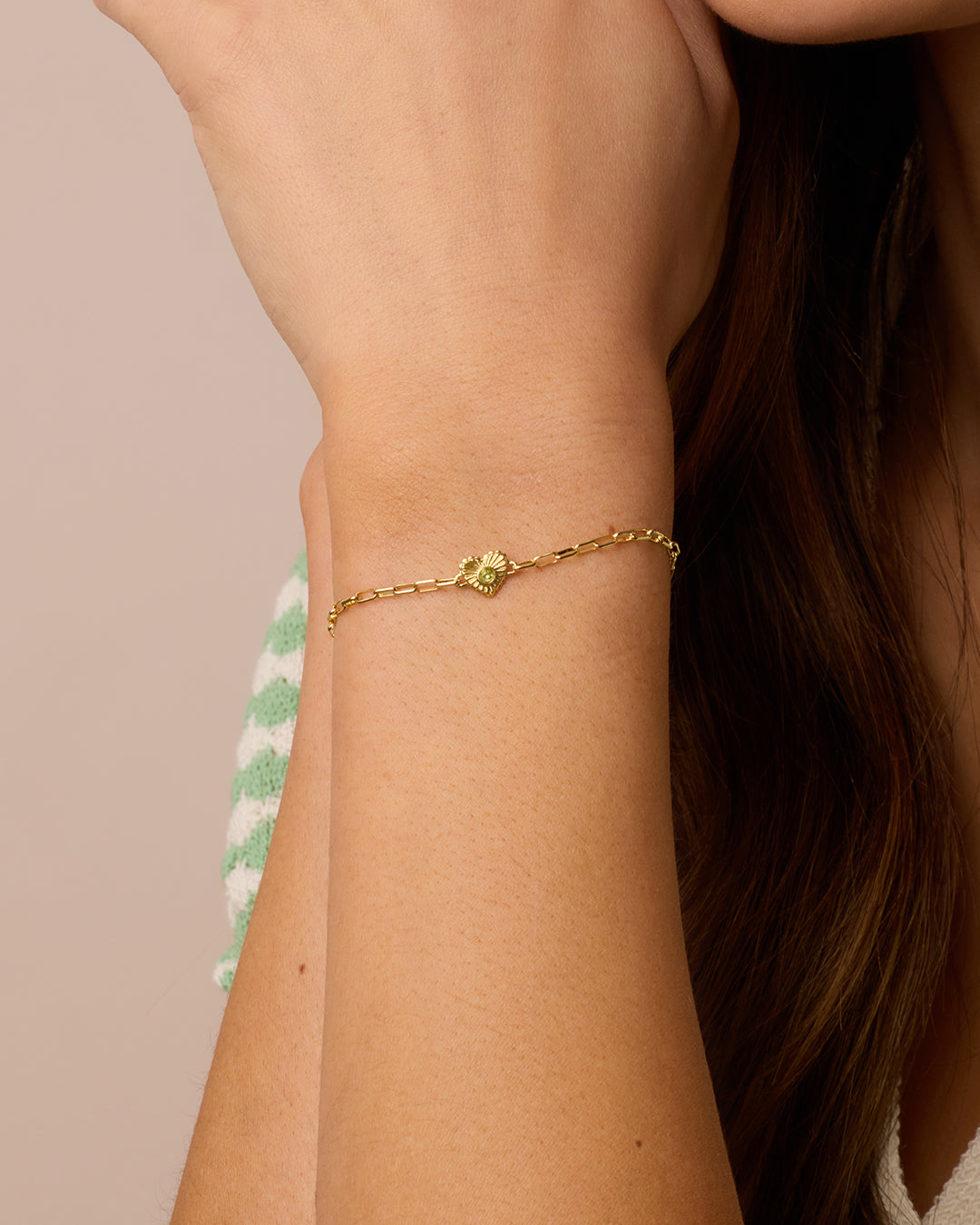 Birthstone Heart Bracelet || option::18k Gold Plated, Peridot - August