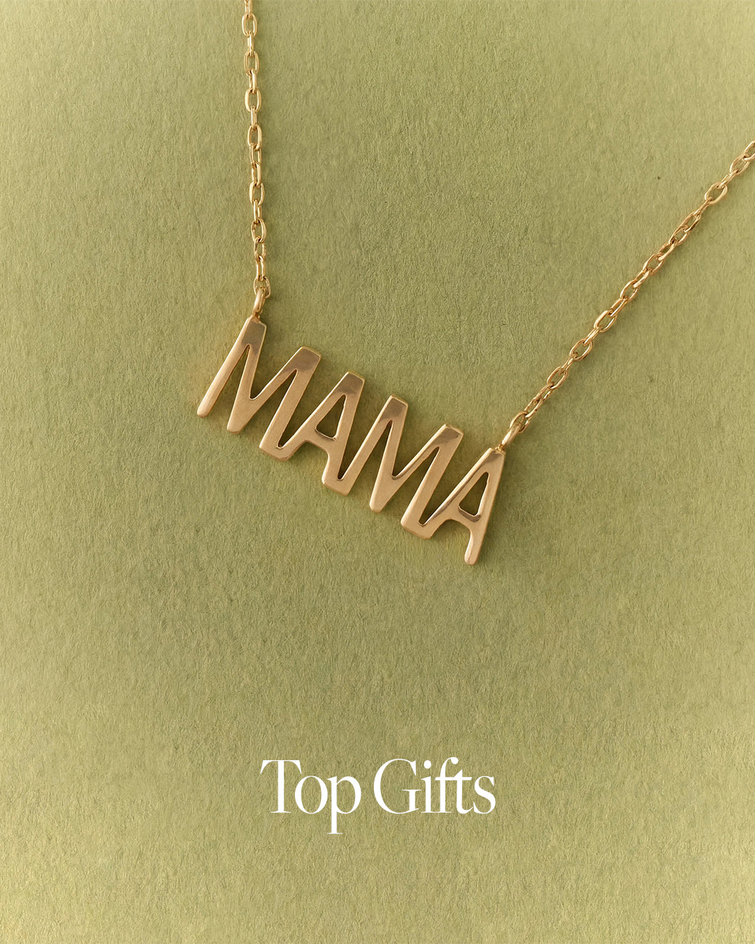 Gold 'MAMA' necklace on a green background with 'Top Gifts' text.