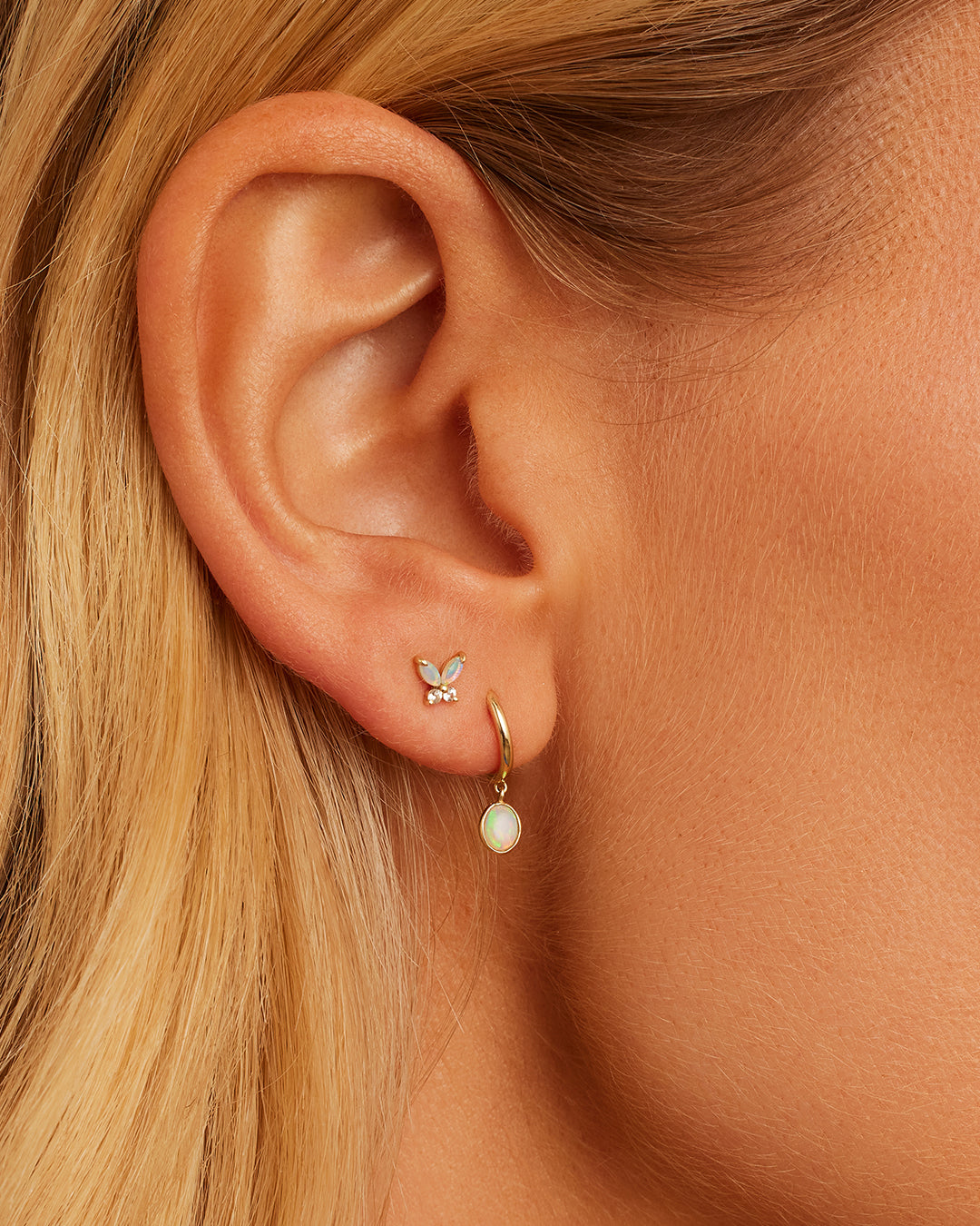 Opal Oval Charm Huggie || option::14k Solid Gold