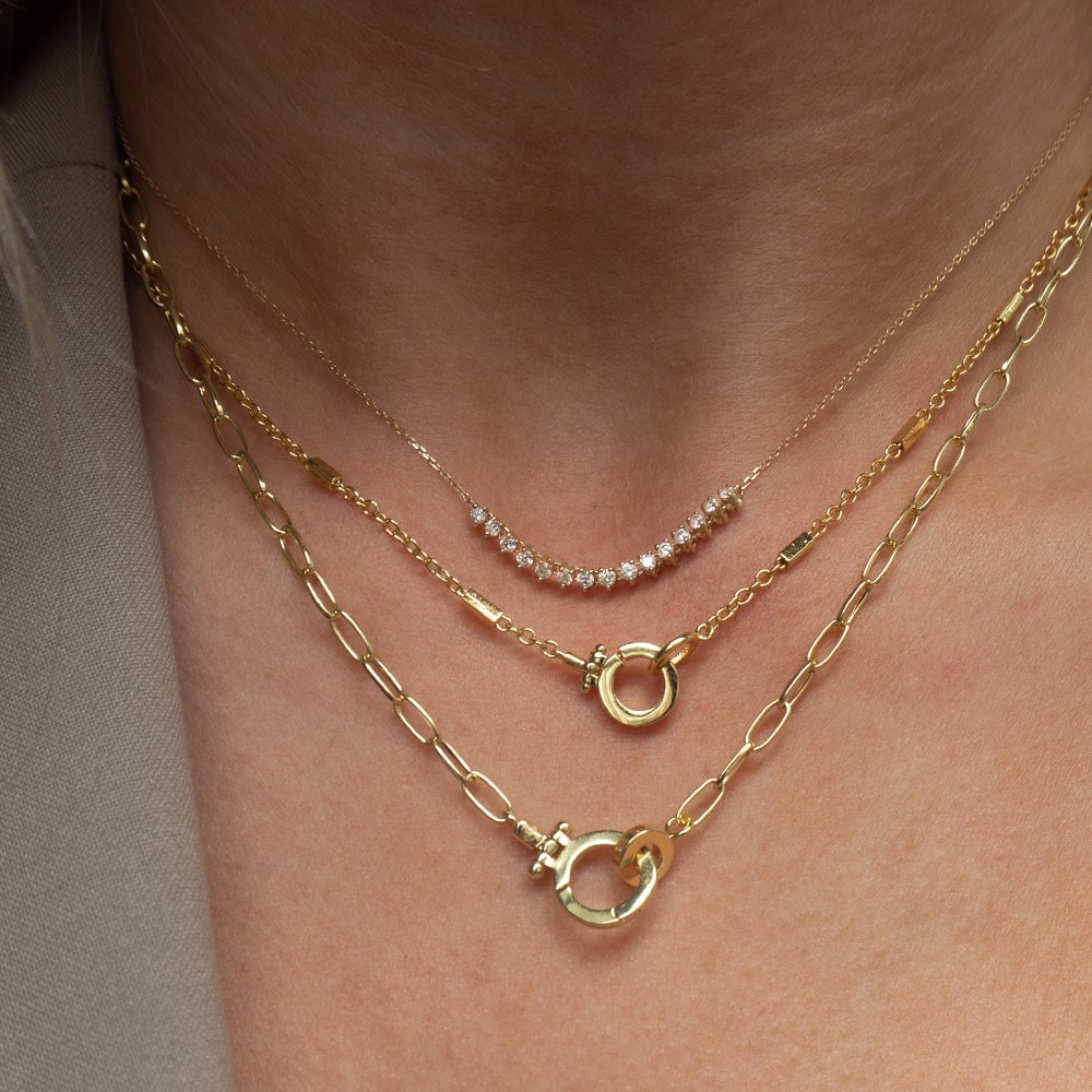 <strong>@samanthafurno</strong> in the Diamond Cluster Row Necklace, the Tatum Necklace and Parker Mini Necklace.