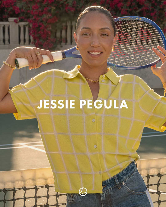 Woman holding a tennis racket on a tennis court with 'JESSIE PEGULA' text overlay.