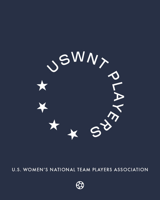 USWNT Players Association logo on a dark blue background. U.S. WOMEN'S NATIONAL TEAM PLAYERS ASSOCIATION