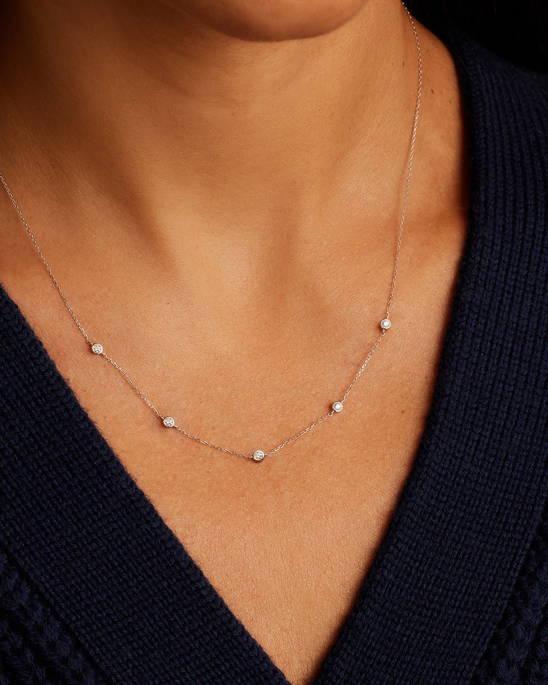Classic Five Diamond Necklace || option::14k Solid White Gold