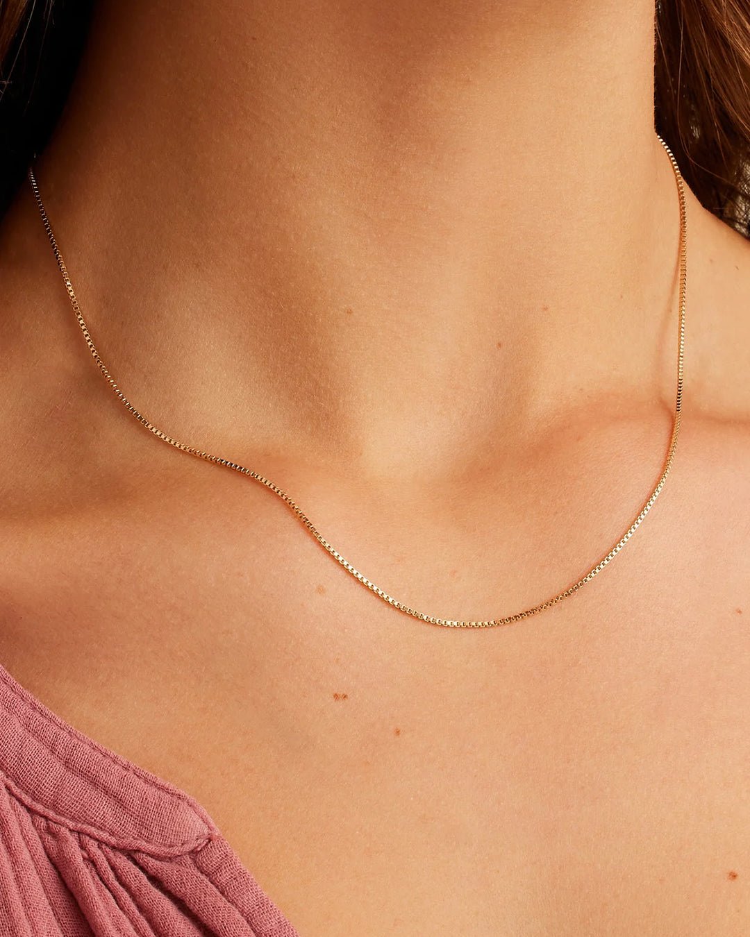 Woman wearing  Box Chain Necklace || option::14k Solid Gold, 17 in.