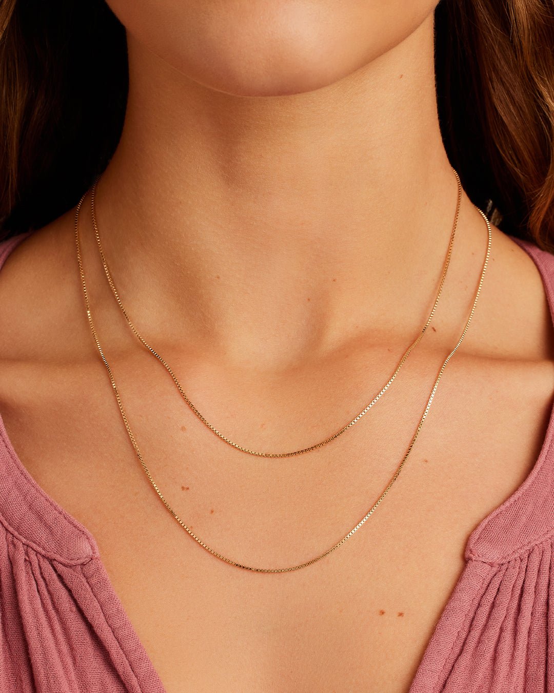Woman wearing  Box Chain Necklace || option::14k Solid Gold, 17 in.