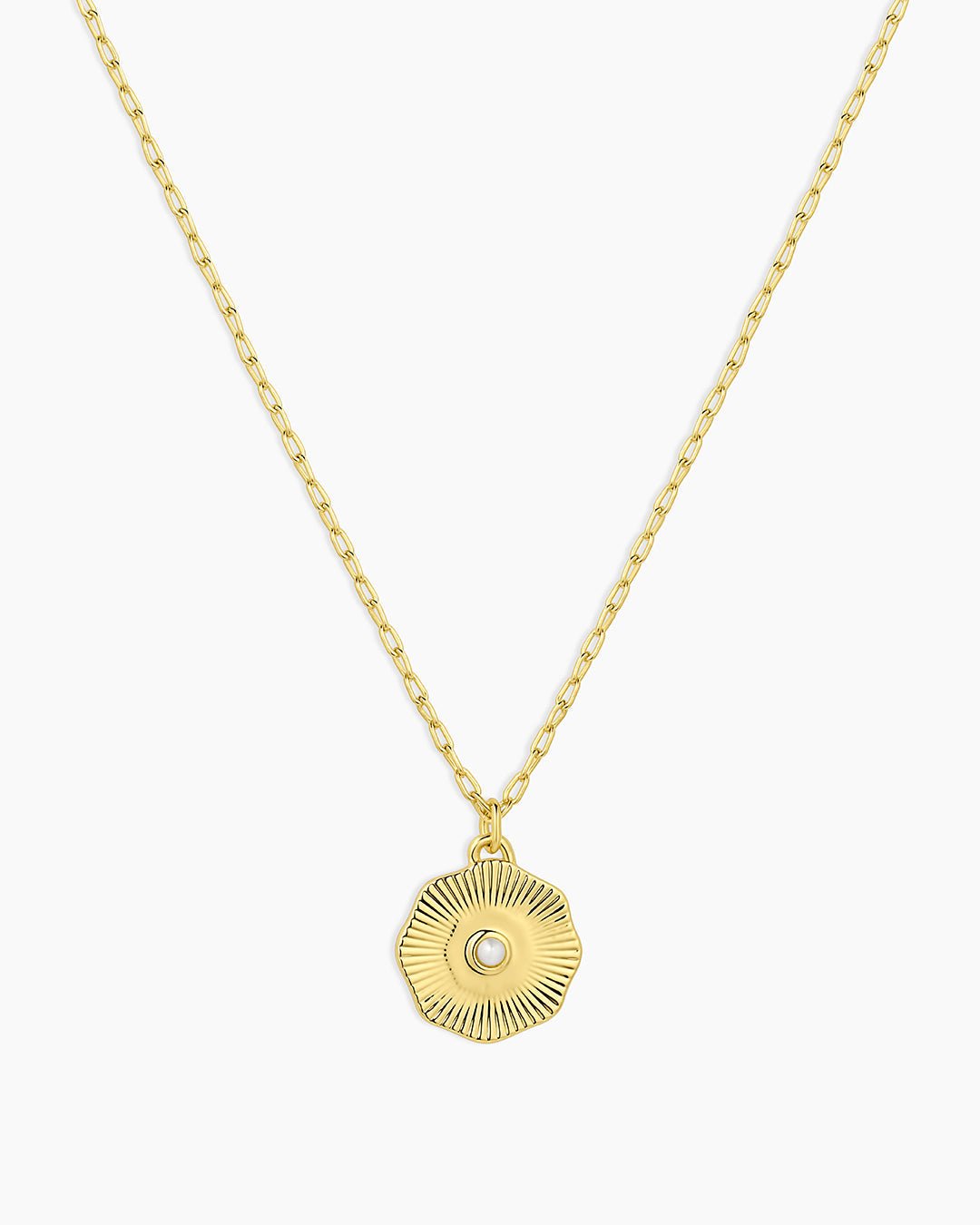 Birthstone Coin Necklace || option::Gold Plated, Pearl - June