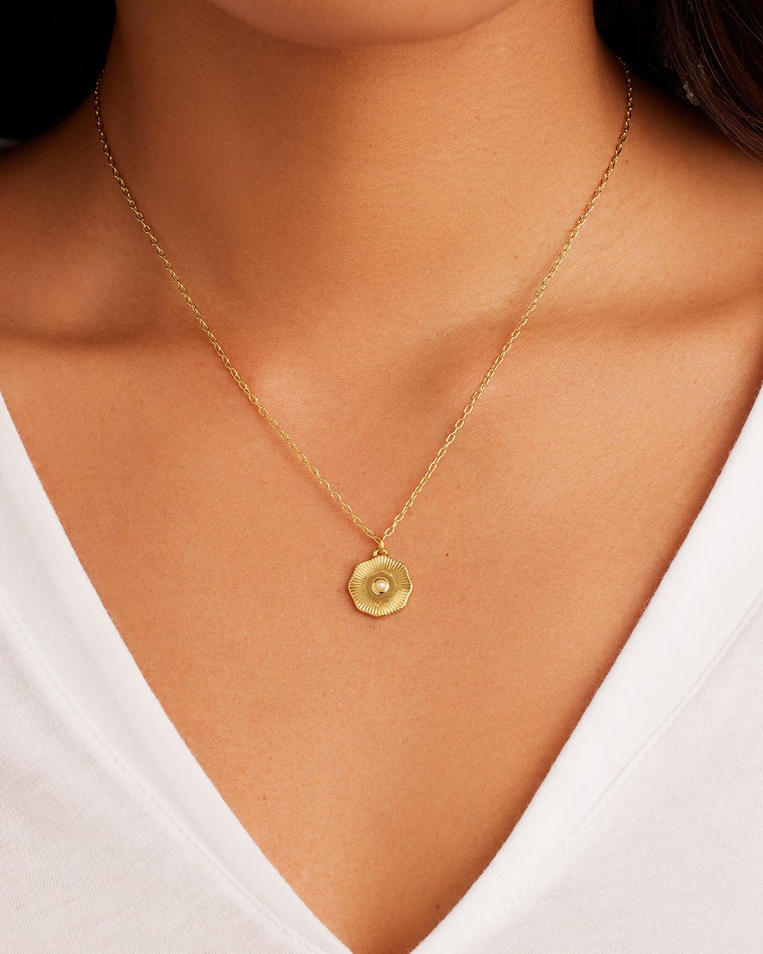Birthstone Coin Necklace || option::Gold Plated, Pearl - June