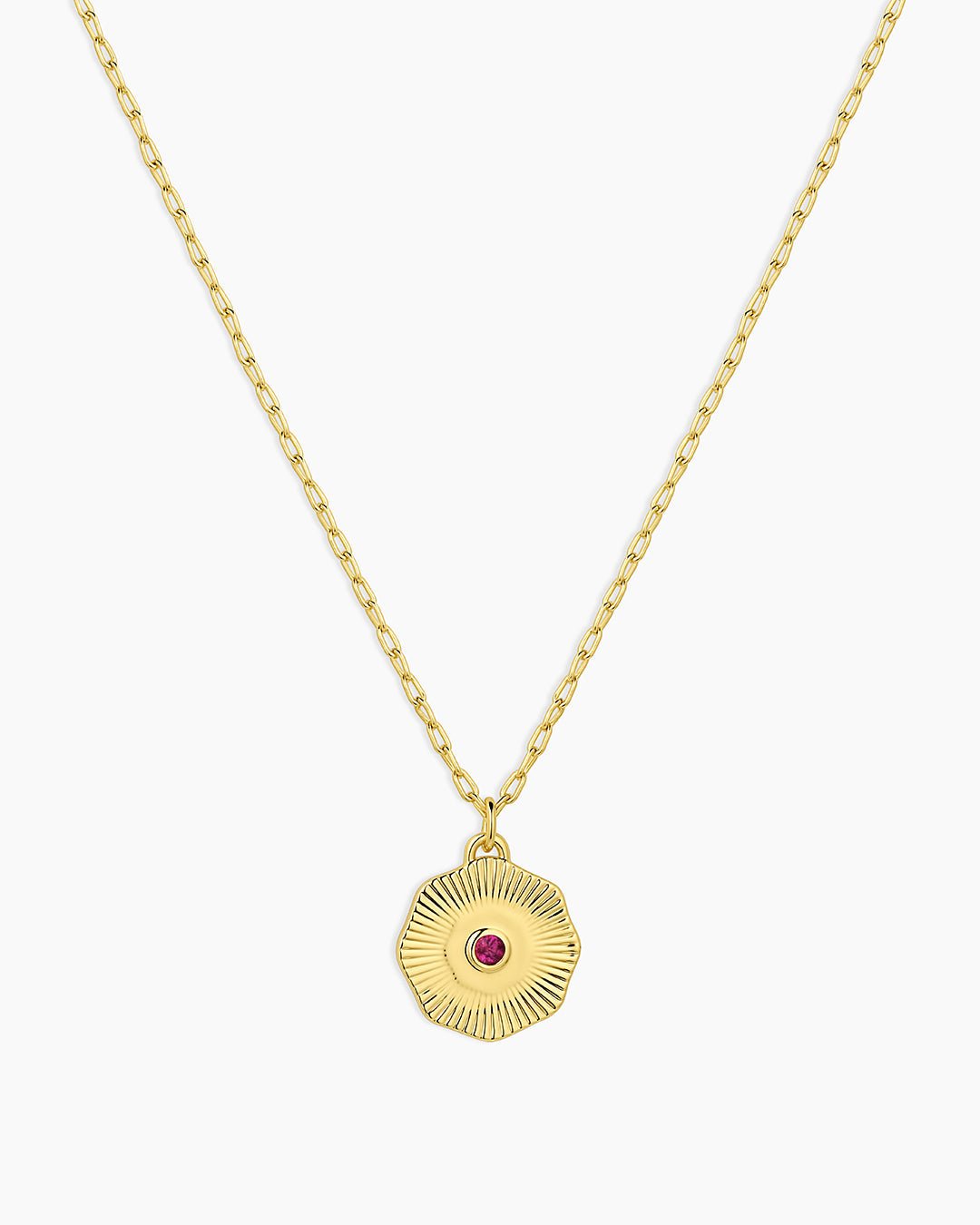 Birthstone Coin Necklace || option::Gold Plated, Ruby - July