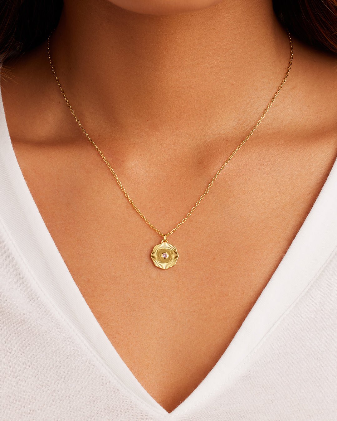 Birthstone Coin Necklace || option::Gold Plated, Amethyst - February