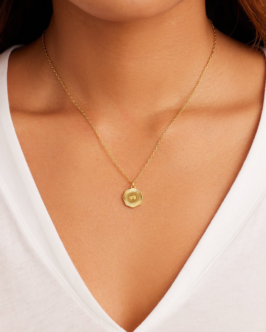 Birthstone Coin Necklace || option::Gold Plated, Citrine - November