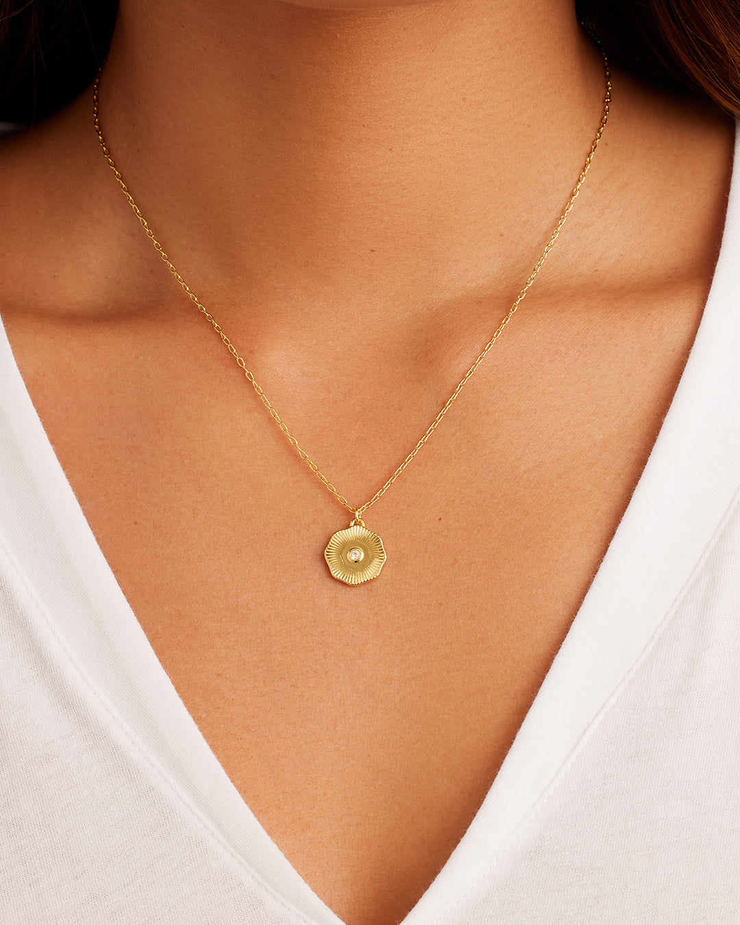 Birthstone Coin Necklace || option::18k Gold Plated, White Topaz - April