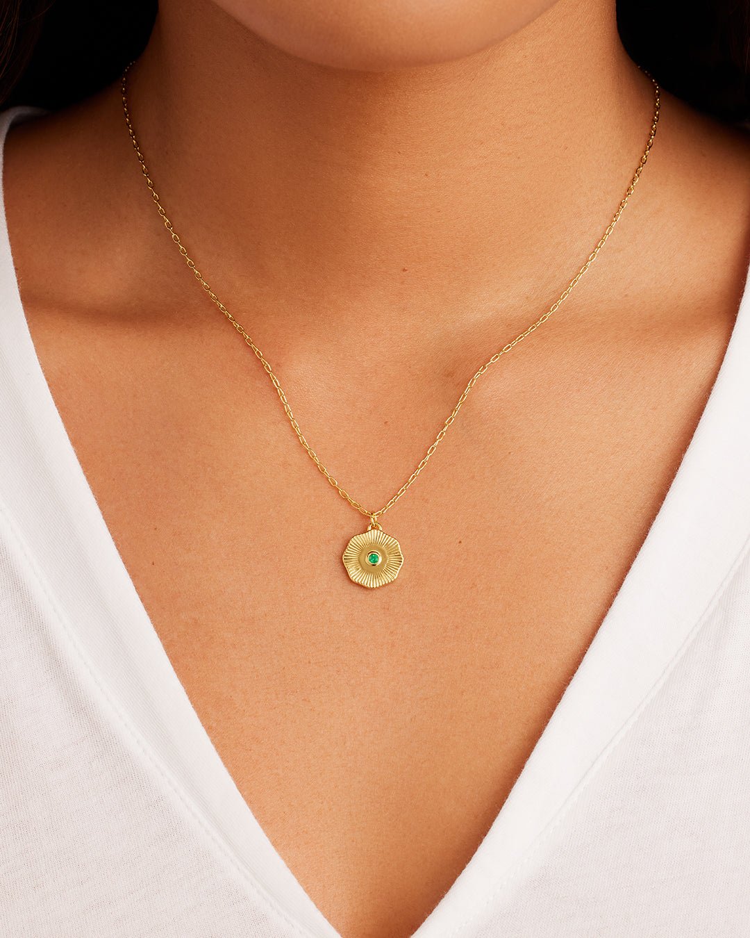 Birthstone Coin Necklace || option::Gold Plated, Green Agate - May