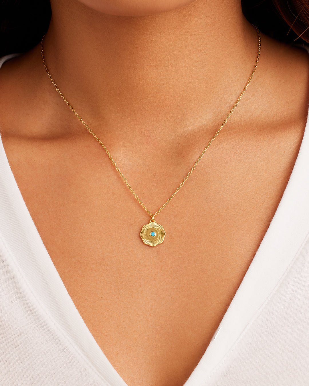 Birthstone Coin Necklace || option::Gold Plated, Turquoise - December