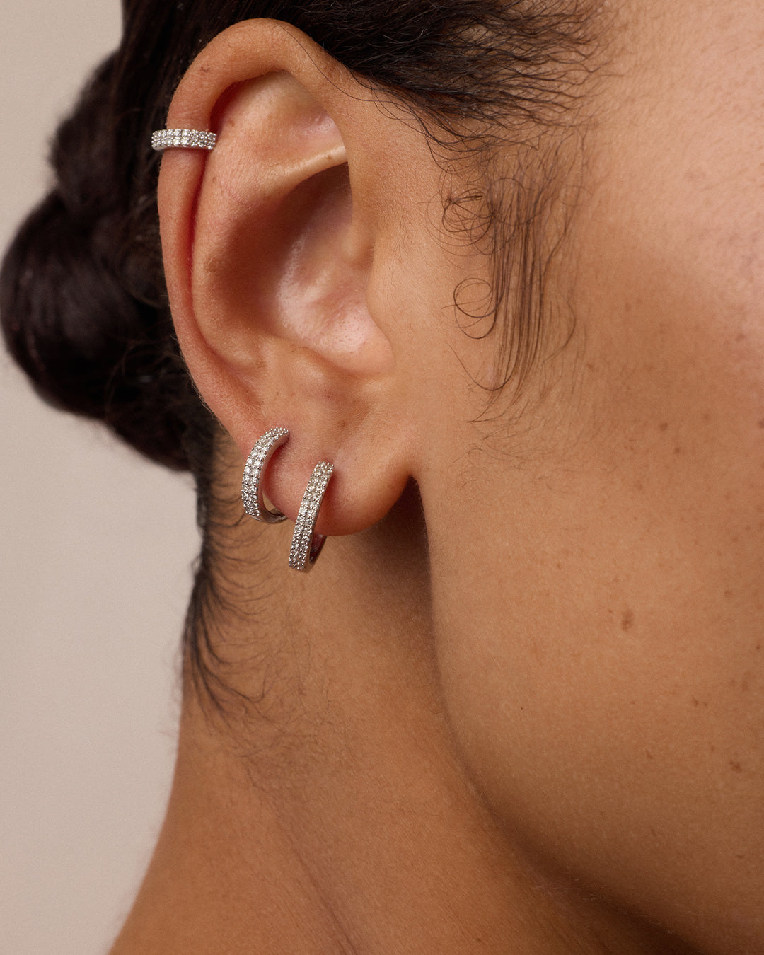 Diamond Double Down Huggies || option::14k Solid White Gold, 13mm