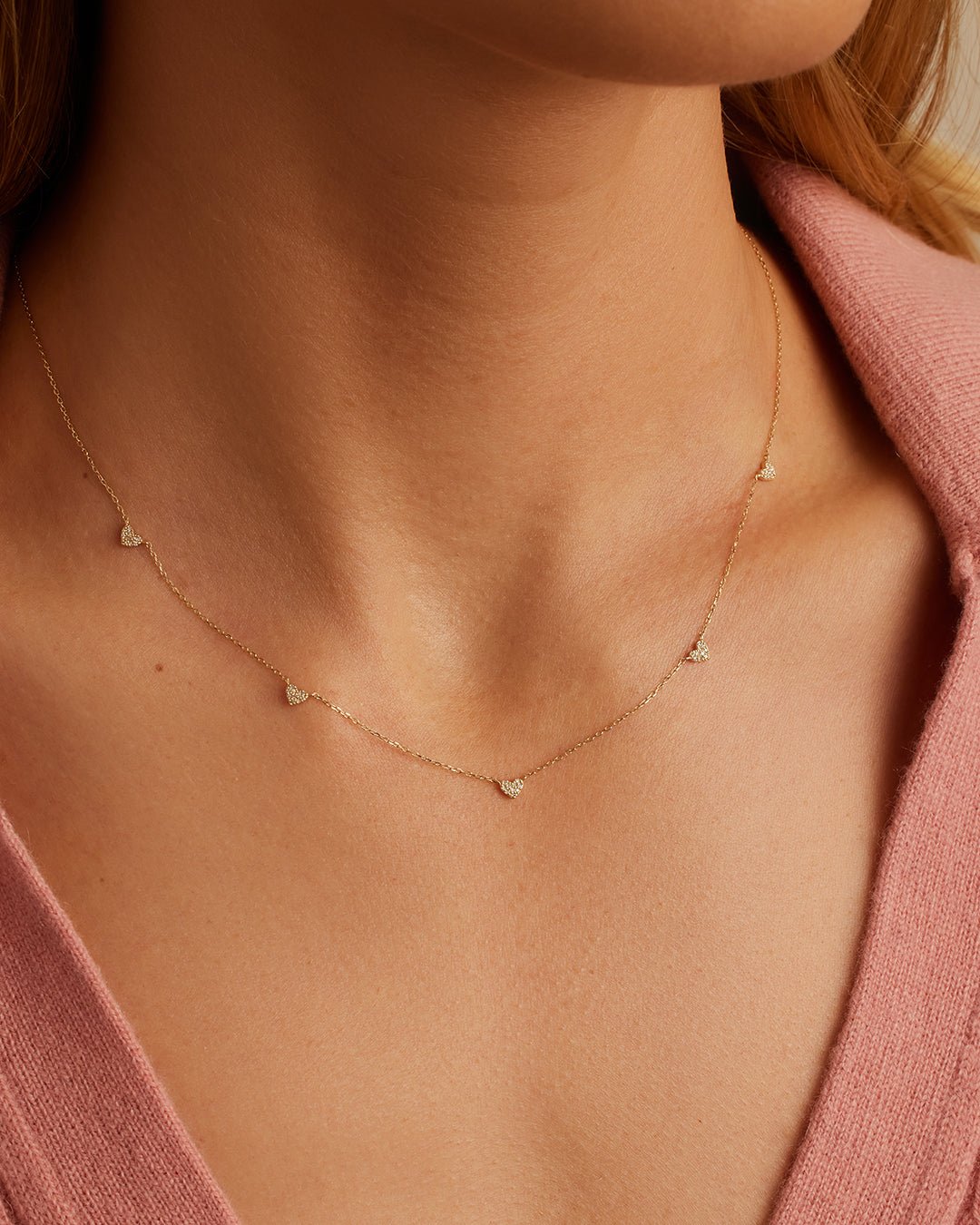 Diamond Pavé 5 Heart Necklace || option::14k Solid Gold