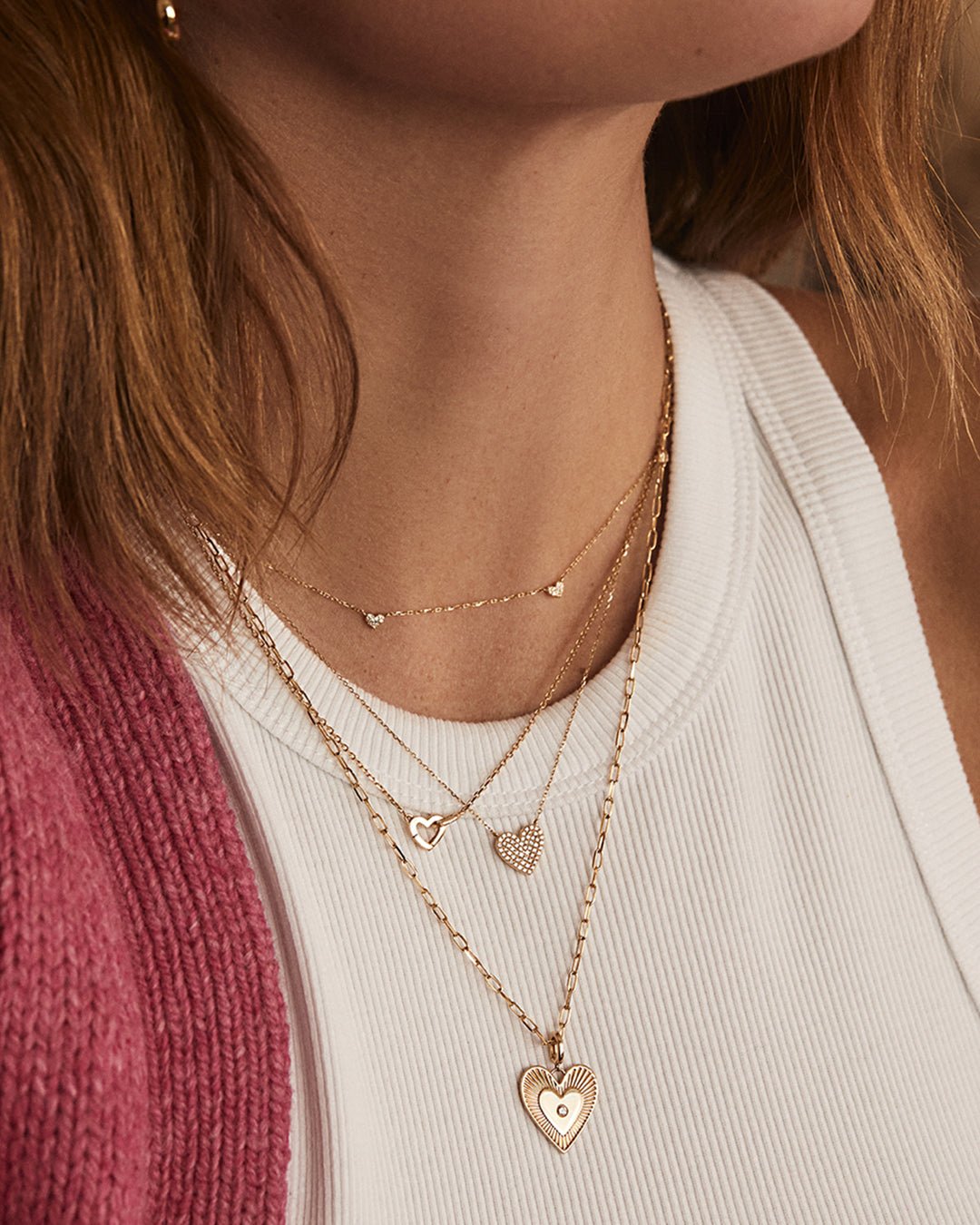 Diamond Pavé 5 Heart Necklace || option::14k Solid Gold || set::diamond-pave-5-heart-necklace-stl
