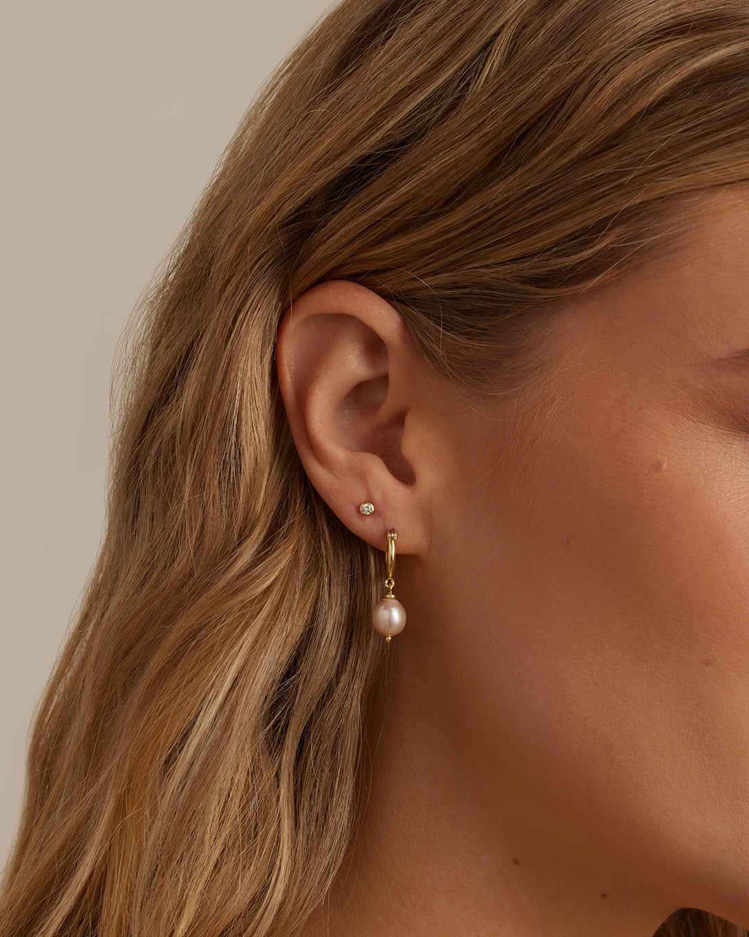 Pink Pearl Huggies || option::18k Gold Plated