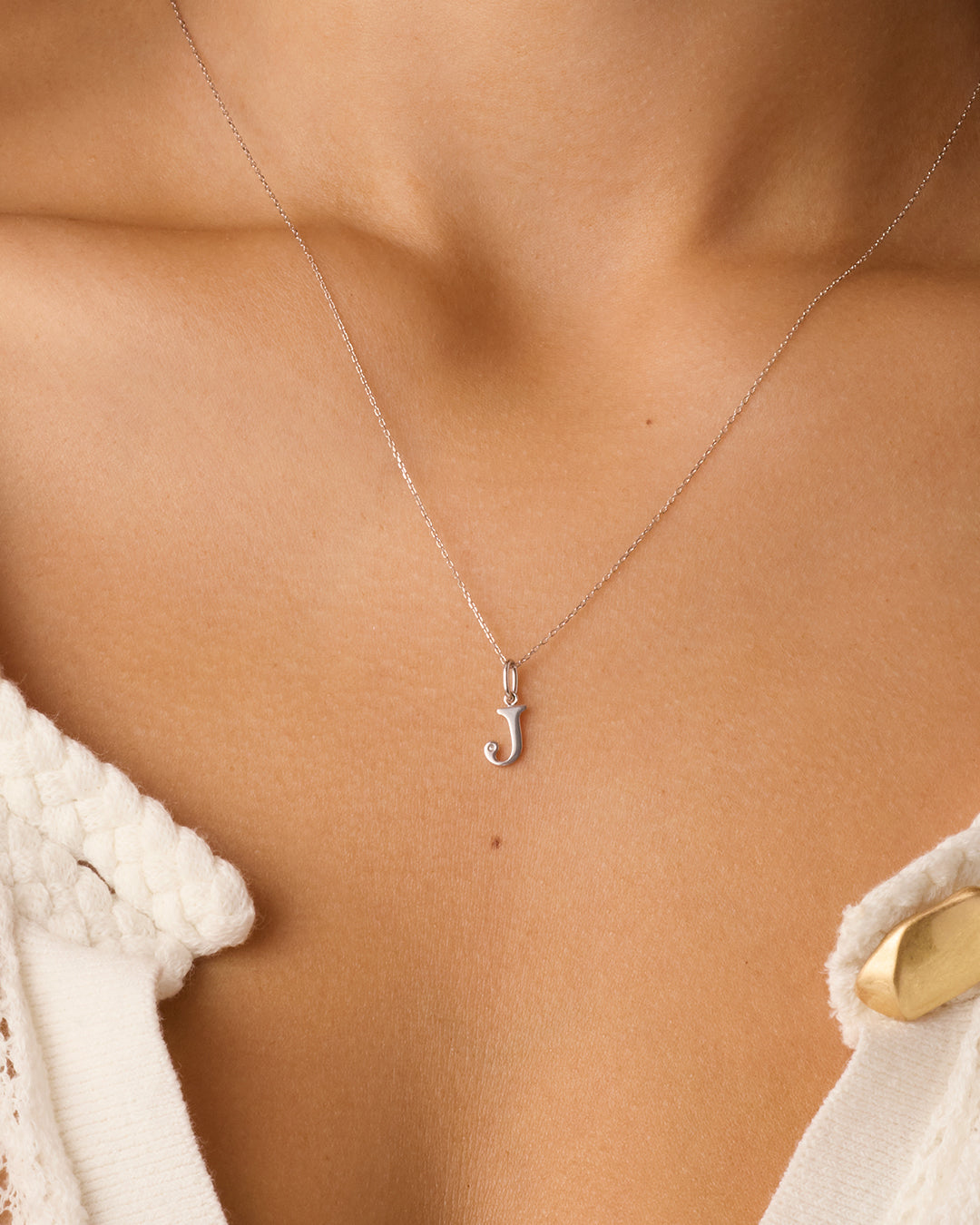 Diamond Vintage Alphabet Charm || option::14k Solid White Gold, J