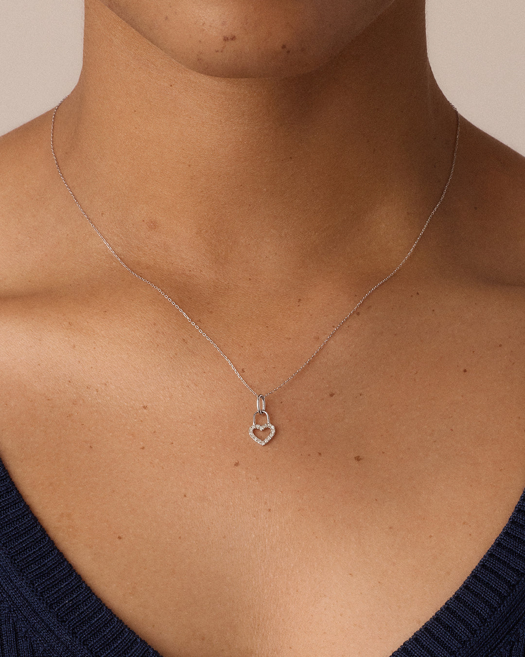 Diamond Heart Padlock Charm || option::14k Solid White Gold