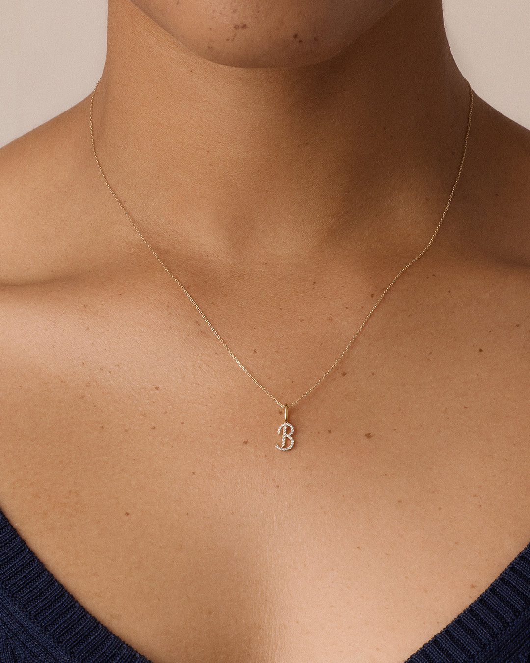 Diamond Script Alphabet Charm || option::14k Solid Gold, B