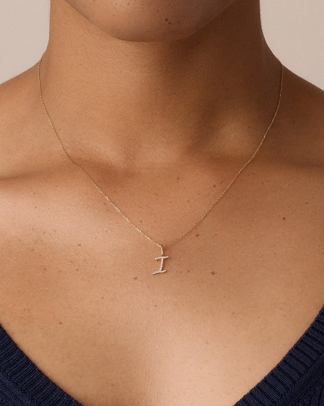 Diamond Script Alphabet Charm || option::14k Solid Gold, I