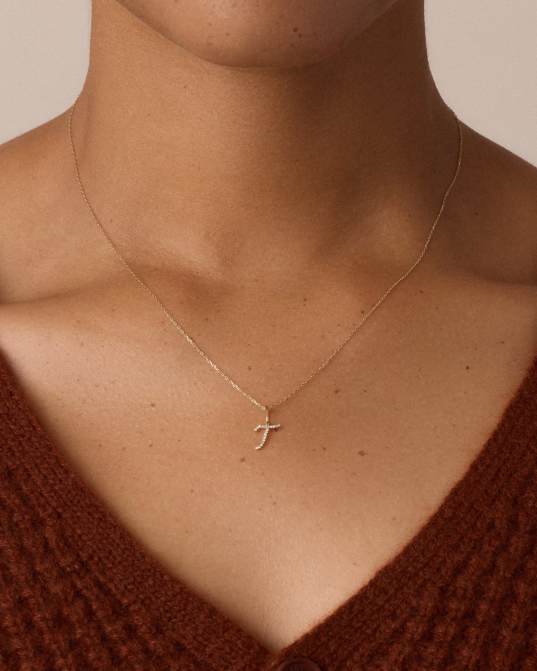 Diamond Script Alphabet Charm || option::14k Solid Gold, T