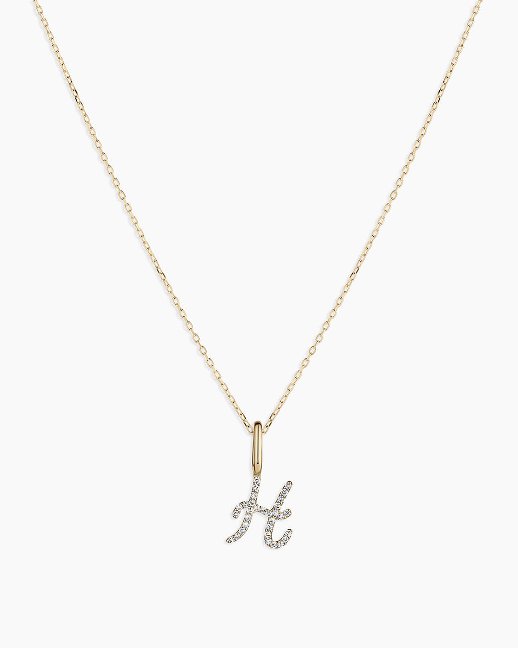 Diamond Script Alphabet Charm Necklace || option::14k Solid Gold, H