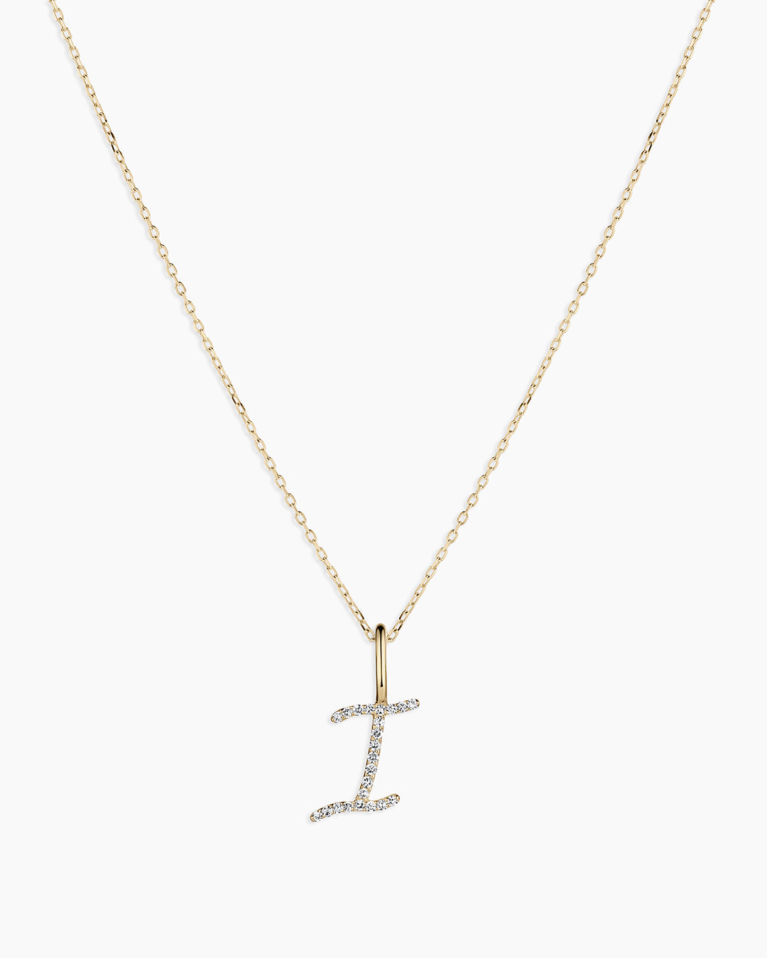 Diamond Script Alphabet Charm Necklace || option::14k Solid Gold, I