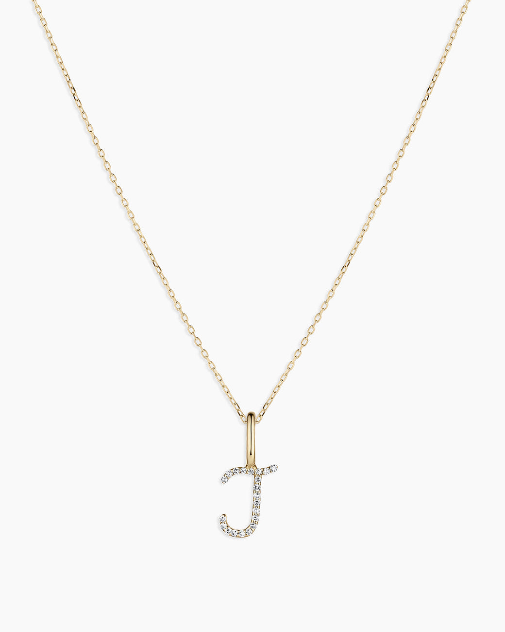 Diamond Script Alphabet Charm Necklace || option::14K Solid Gold, J
