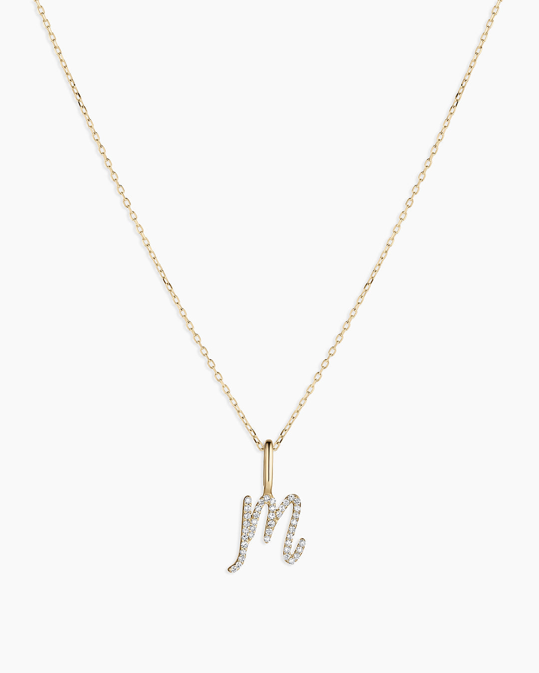 Diamond Script Alphabet Charm Necklace || option::14k Solid Gold, M