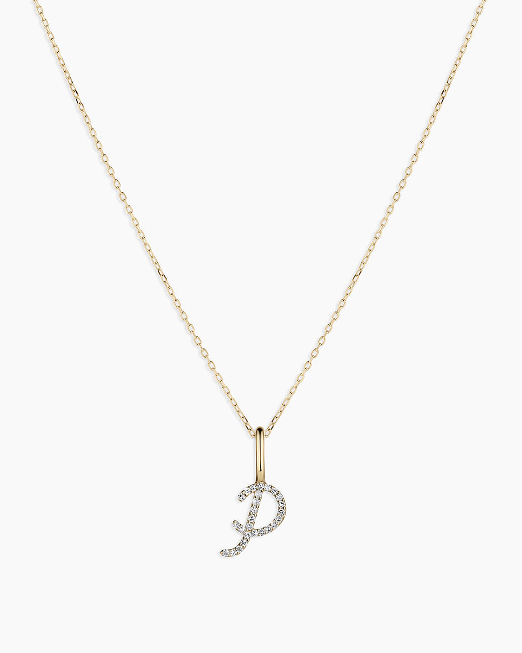 Diamond Script Alphabet Charm Necklace || option::14k Solid Gold, P