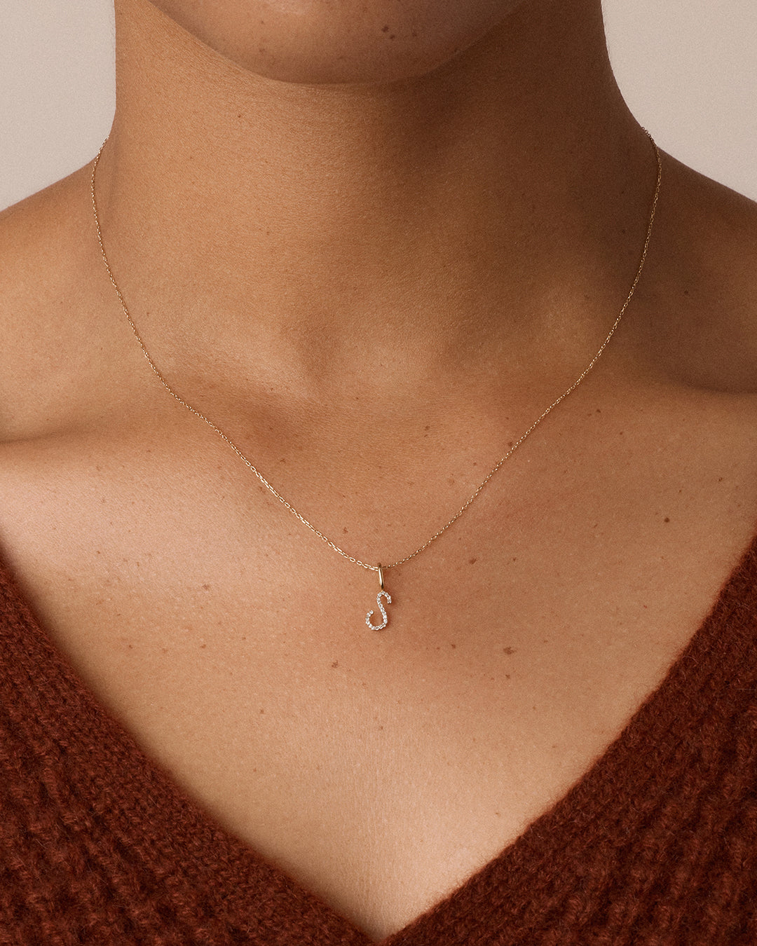 Diamond Script Alphabet Charm Necklace || option::14k Solid Gold, S