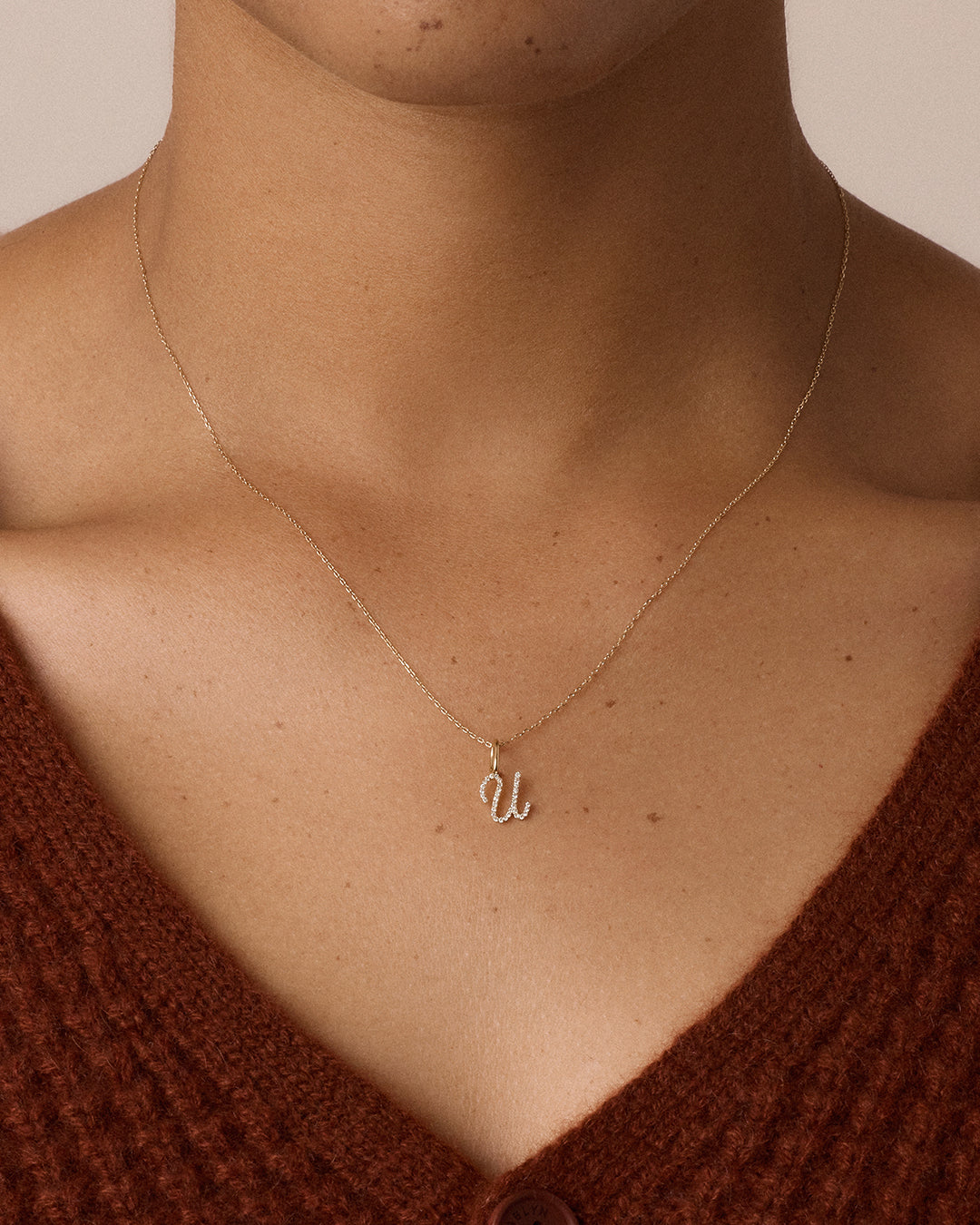 Diamond Script Alphabet Charm Necklace || option::14k Solid Gold, U