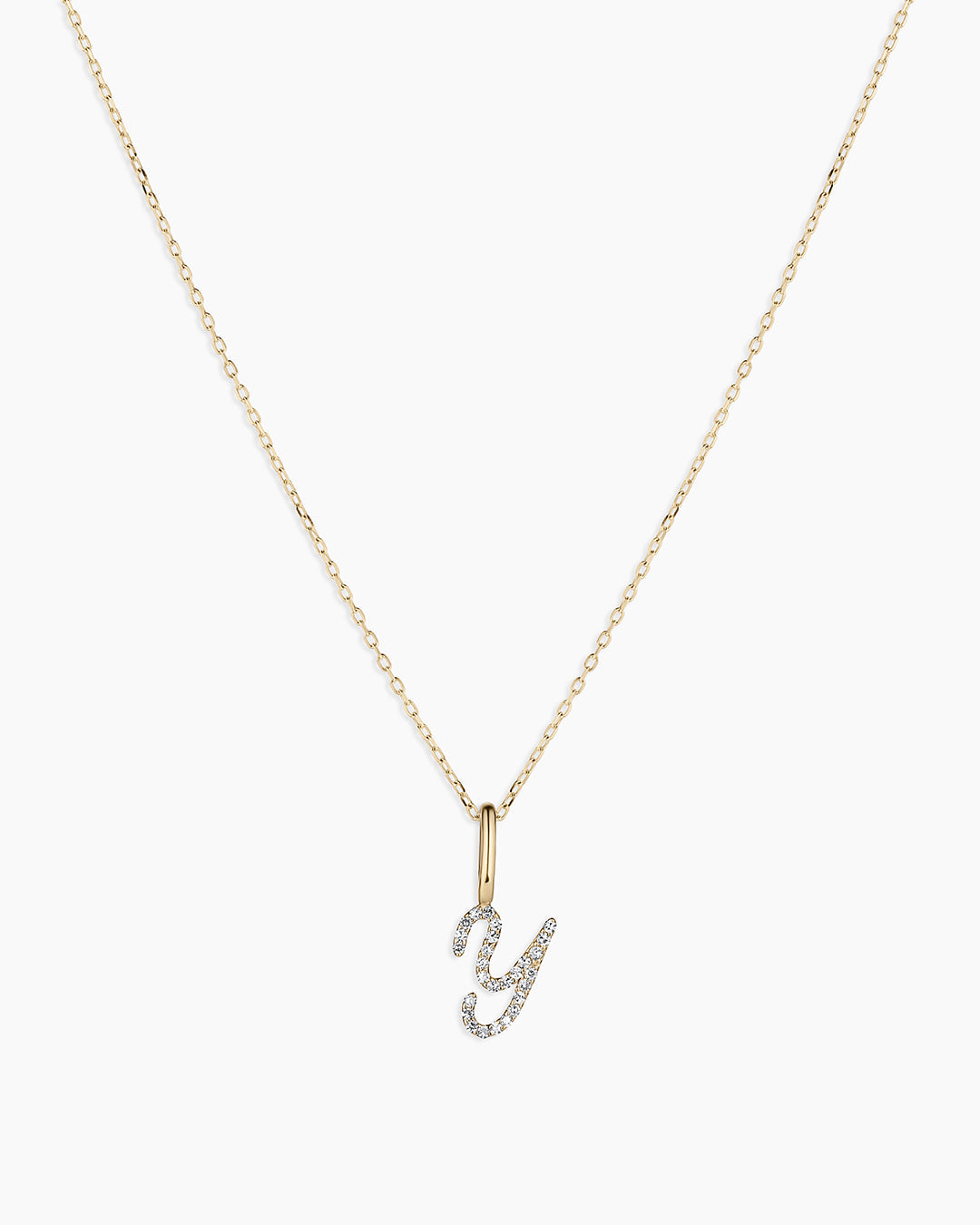 Diamond Script Alphabet Charm Necklace || option::14k Solid Gold, Y