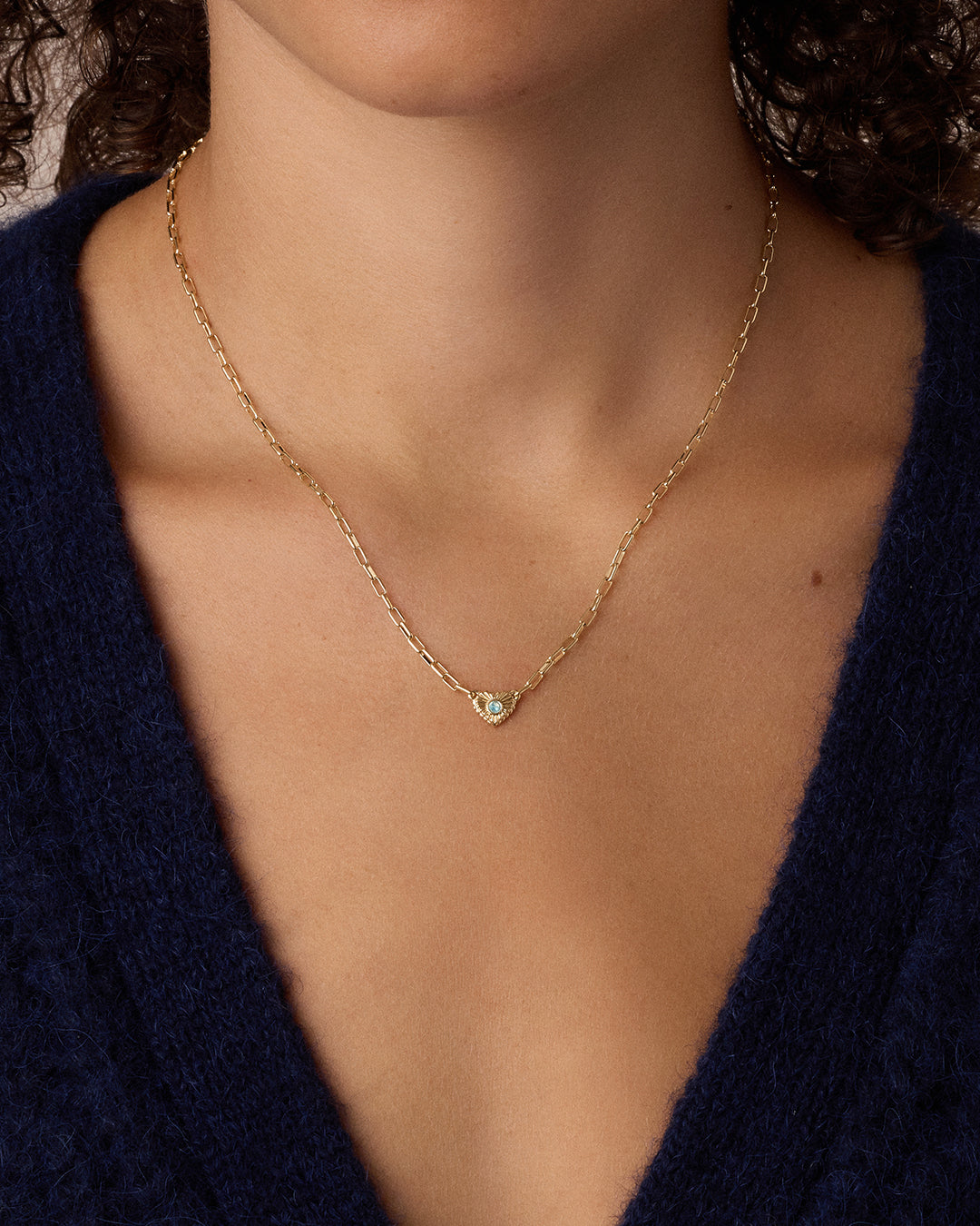 Birthstone Heart Necklace || option::18k Gold Plated, Aquamarine - March