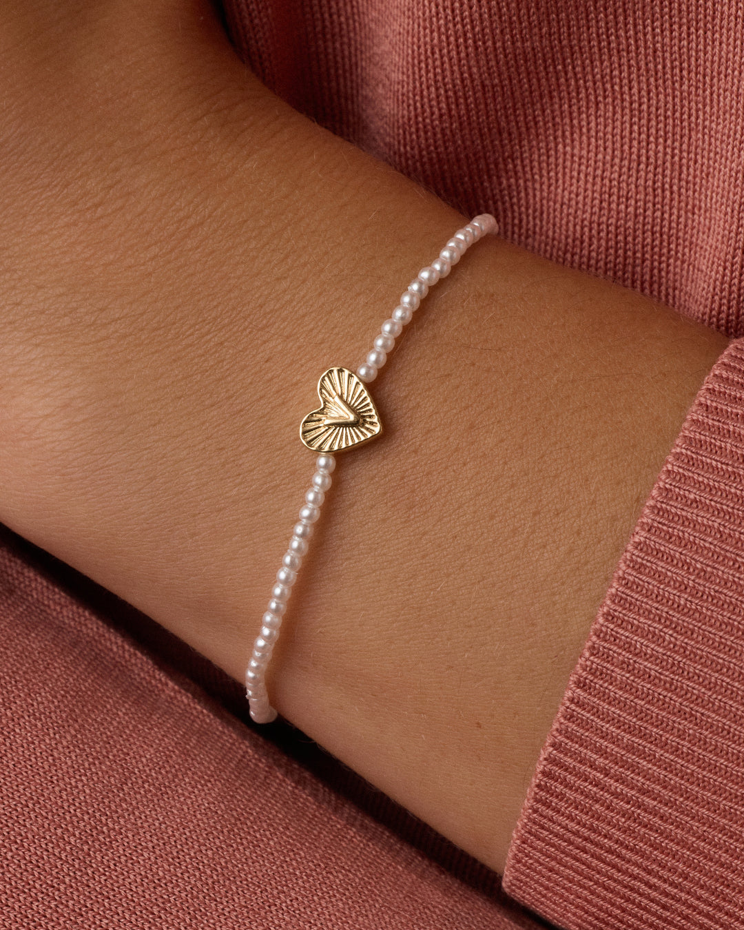 Pearl Vintage Heart Alphabet Bracelet || option::18k Gold Plated, V
