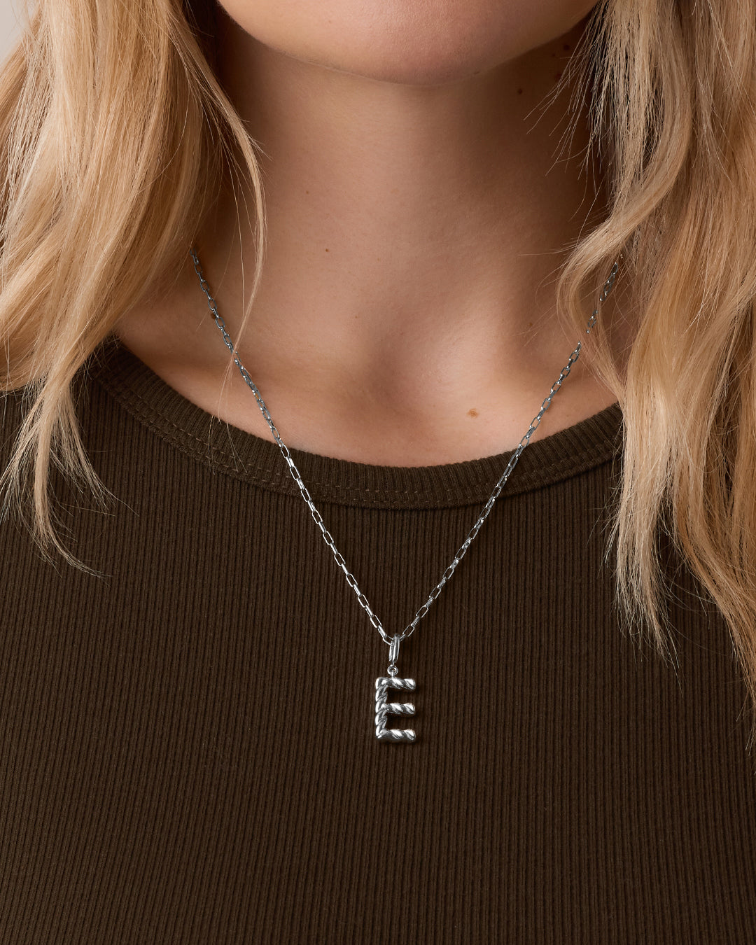 Crew Alphabet Statement Charm Necklace || option::Silver Plated, E