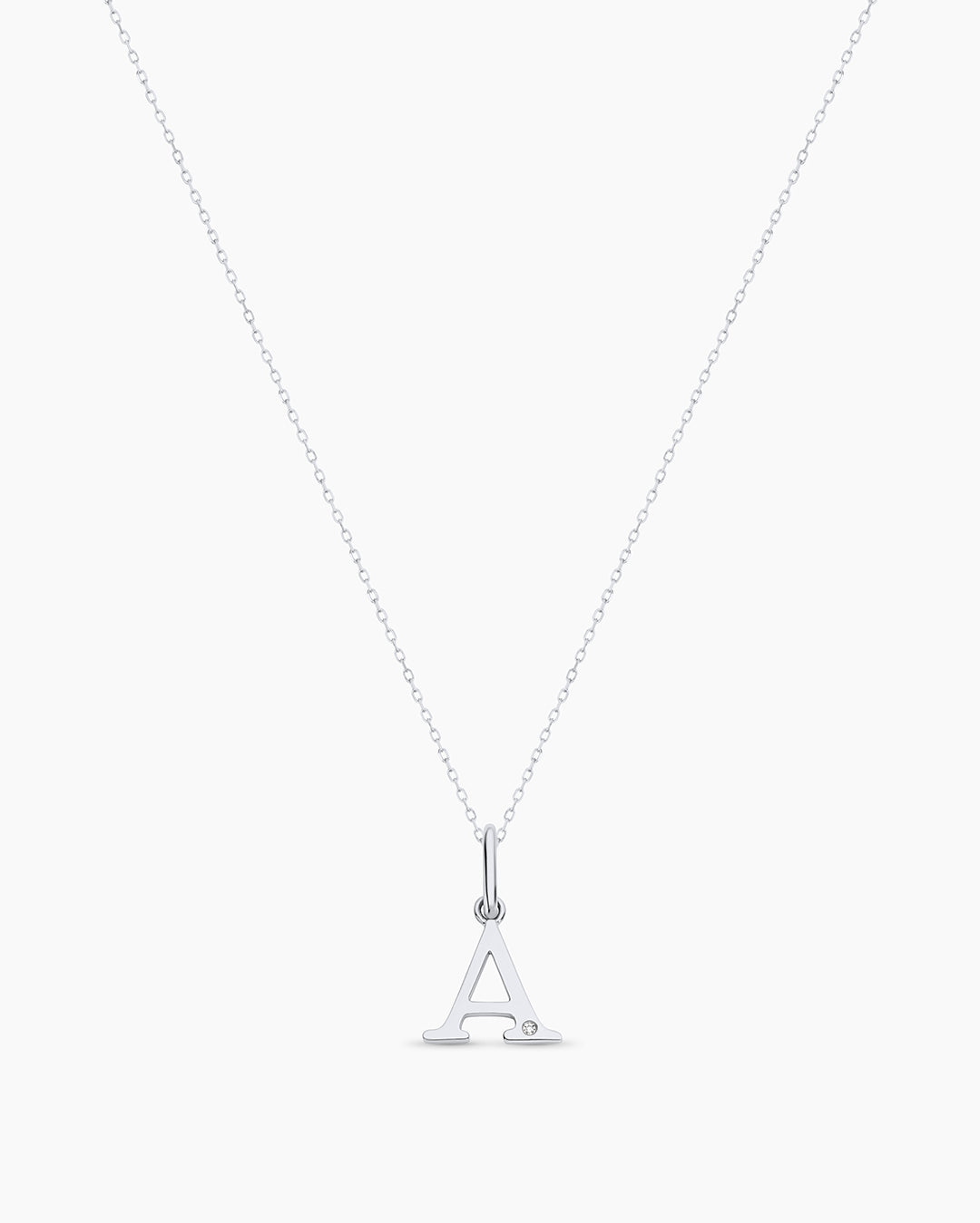 Diamond Vintage Alphabet Charm Necklace || option::14k Solid White Gold, A