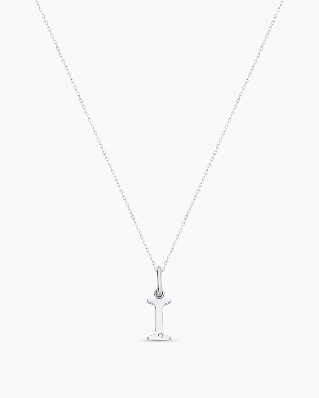 Diamond Vintage Alphabet Charm Necklace || option::14k Solid White Gold, I