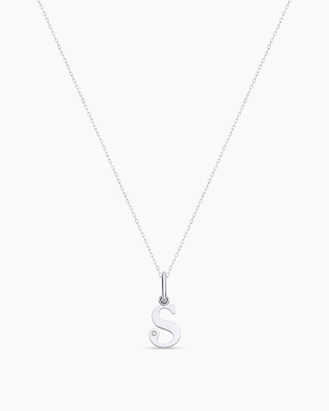 Diamond Vintage Alphabet Charm Necklace || option::14k Solid White Gold, S