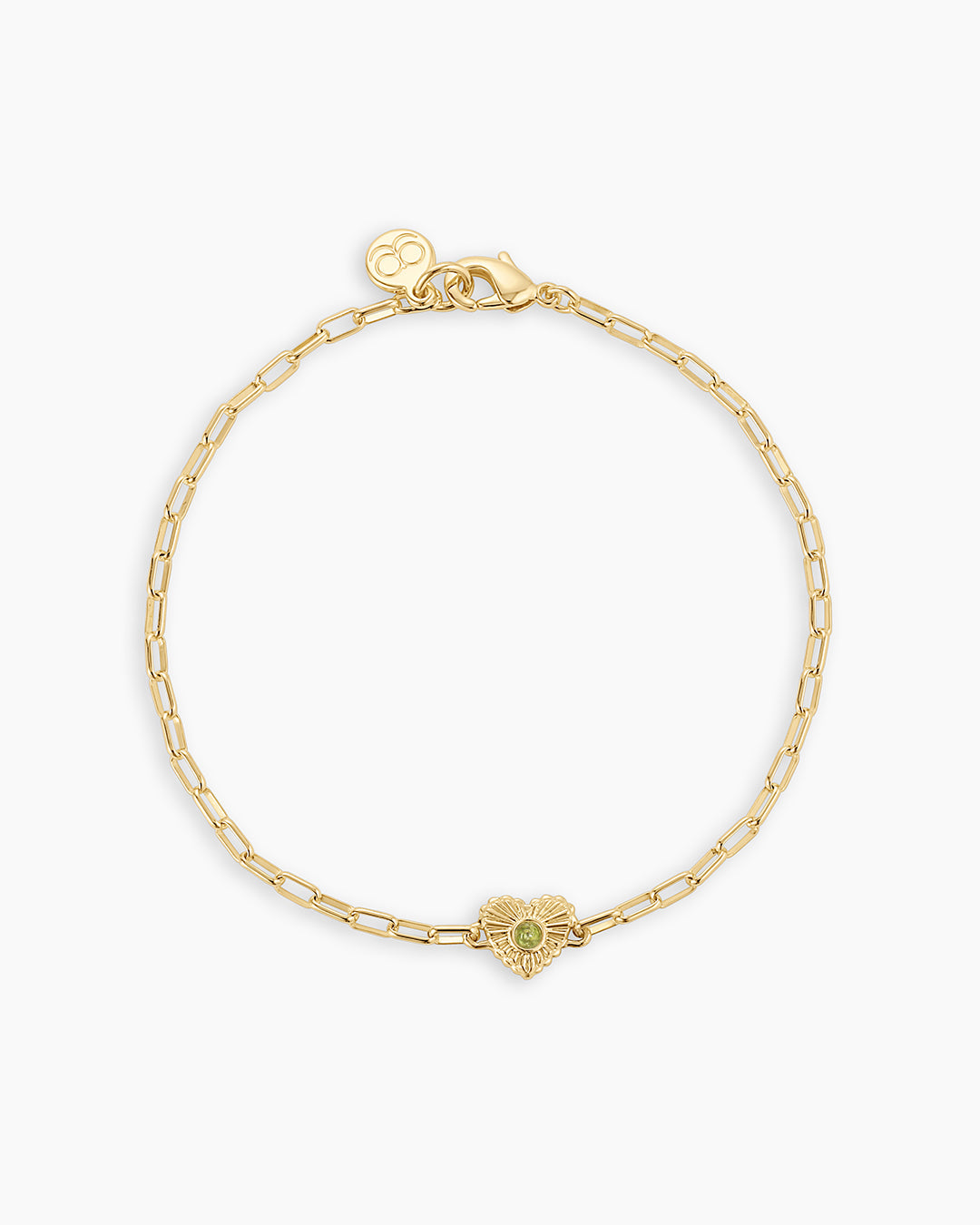 Birthstone Heart Bracelet || option::18k Gold Plated, Peridot - August