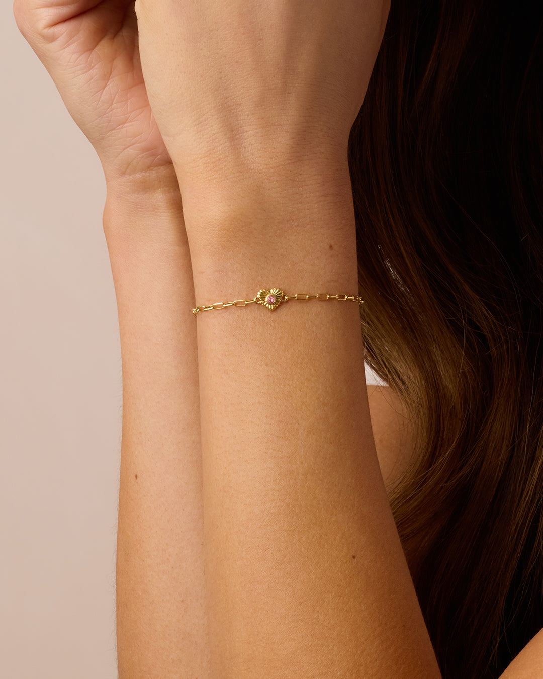 Birthstone Heart Bracelet || option::18k Gold Plated, Pink Tourmaline - October