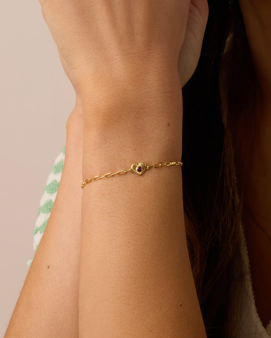 Birthstone Heart Bracelet || option::18k Gold Plated, Amethyst - February