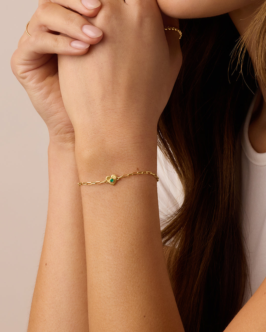 Birthstone Heart Bracelet || option::18k Gold Plated, Green Agate - May