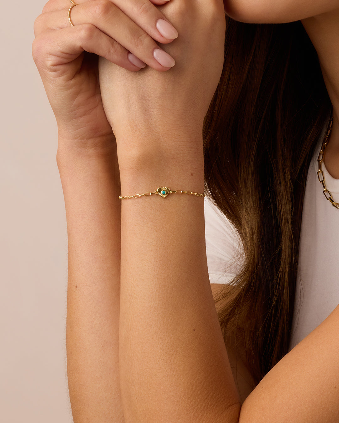 Birthstone Heart Bracelet || option::18k Gold Plated, Turquoise - December