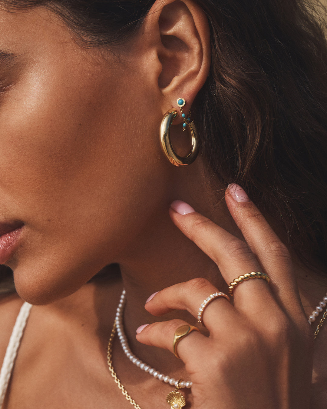 Turquoise Capri Chain Huggies || option::18k Gold Plated || set::turquoise-capri-chain-huggies-stl