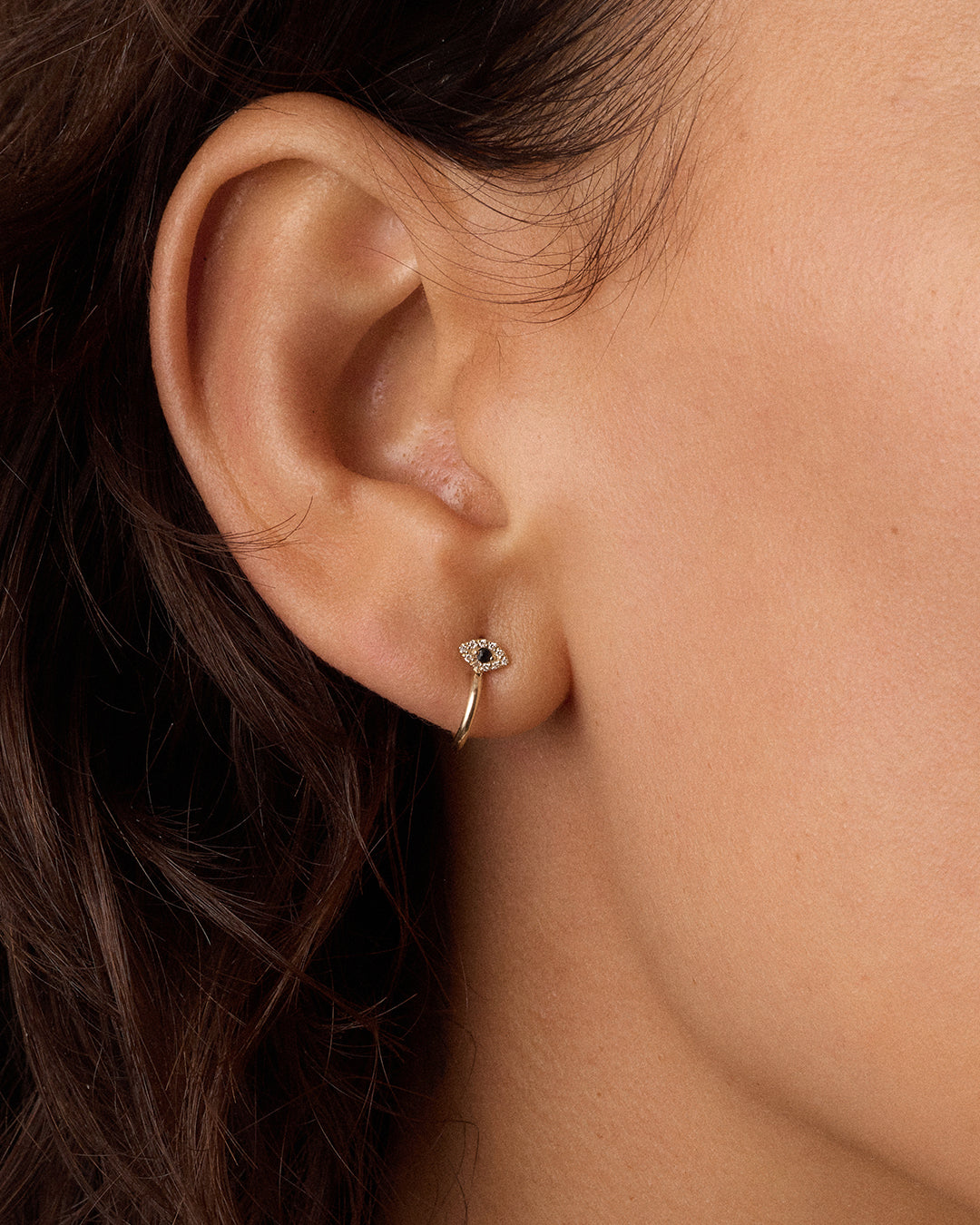 Diamond and Blue Sapphire Evil Eye Stud Single Huggie || option::14k Solid Gold 