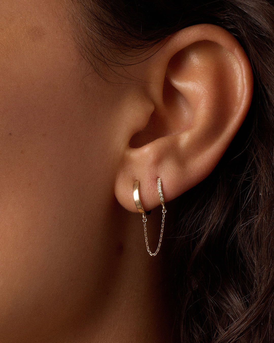 Diamond Double Huggie || option::14k Solid Gold 