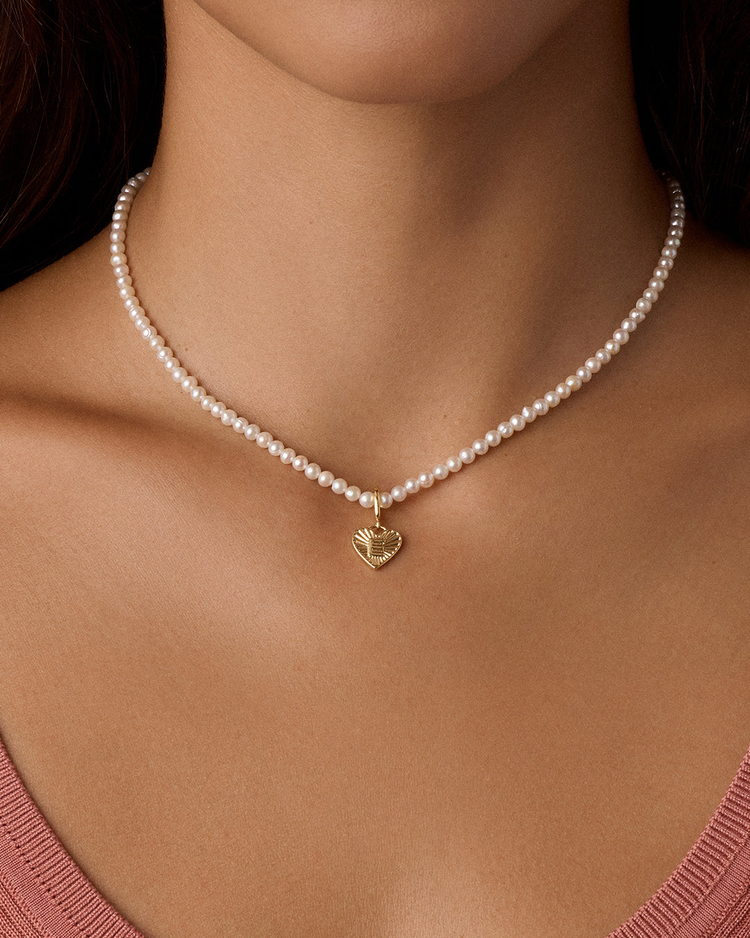 Vintage Heart Alphabet Charm Necklace - E || option::18K Gold Plated, E